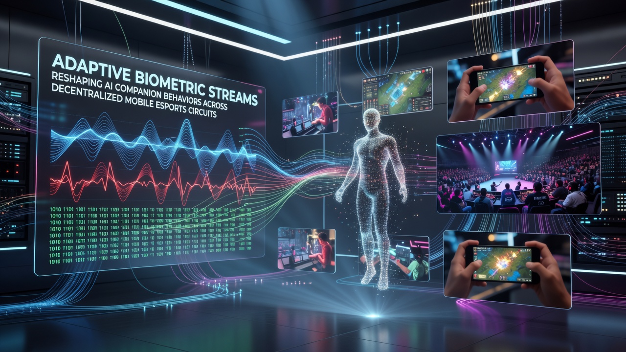 Adaptive biometric streams feeding into AI companion systems during a mobile esports match