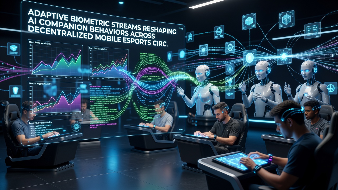 Mobile esports players with AI companions adapting via biometric inputs in a decentralized match environment