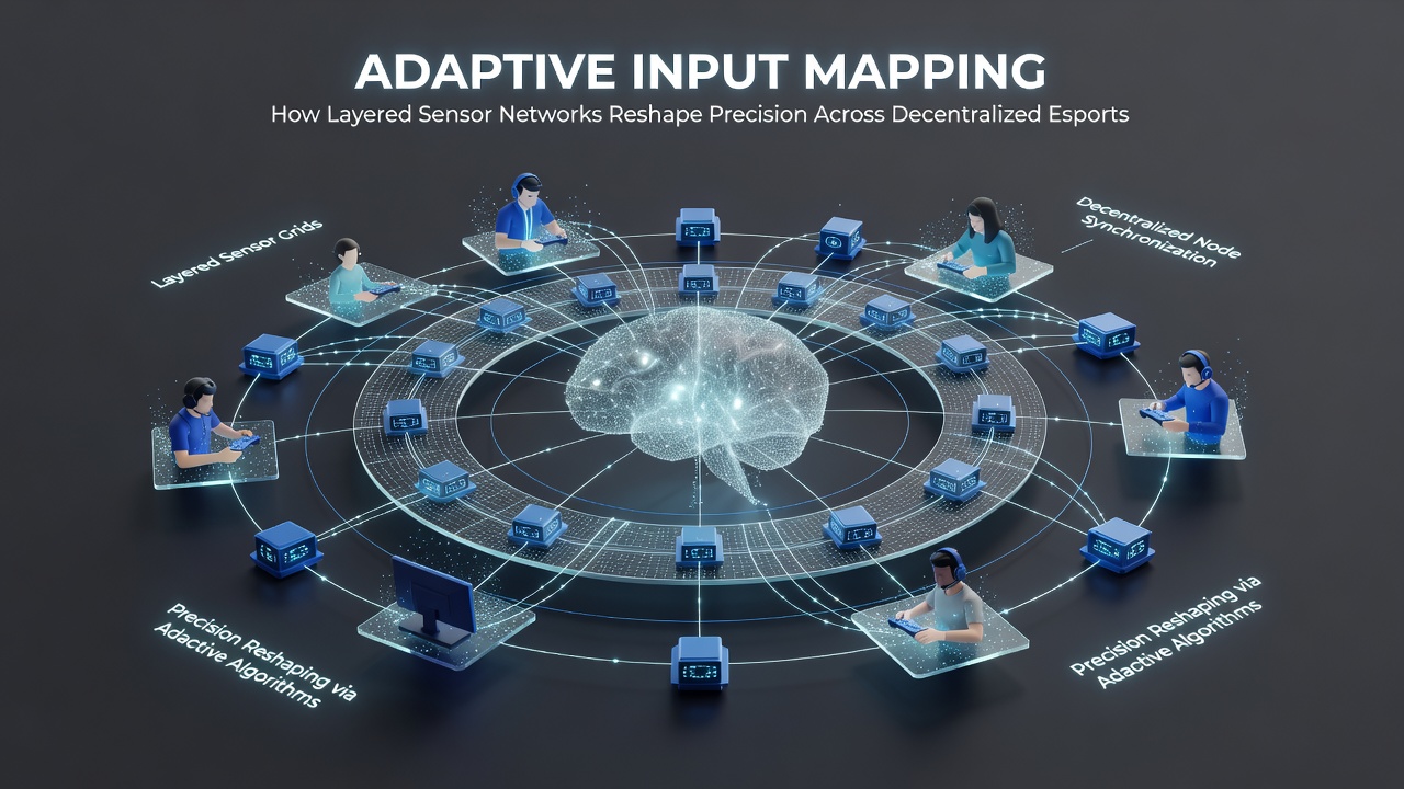 Close-up of adaptive input mapping calibration in a multi-node esports arena