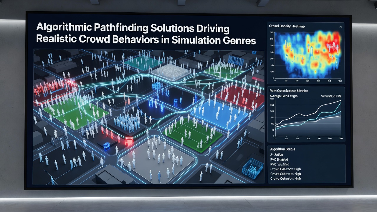 Close-up view of crowd agents adjusting paths around obstacles using layered navigation and behavioral rules in a simulation engine