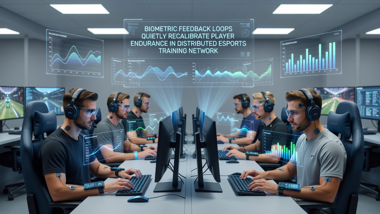 Distributed esports athletes connected via biometric monitoring during a synchronized training session