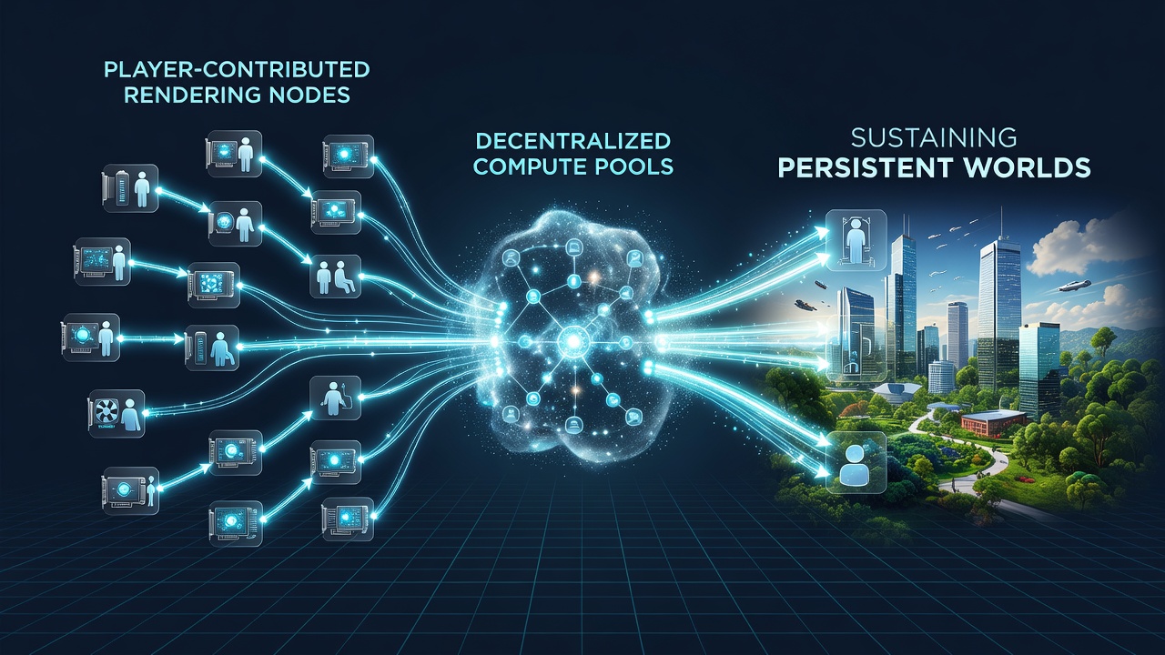 Player hardware contributing to decentralized rendering pools for game worlds