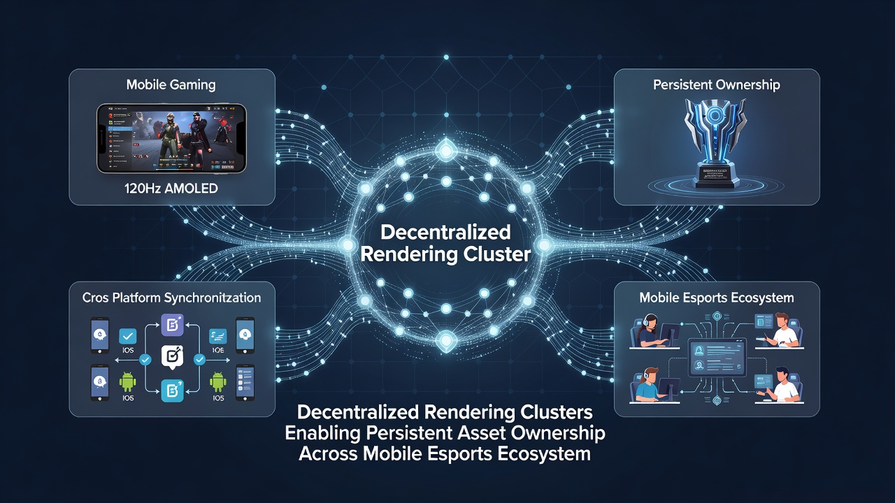Mobile esports players interacting with persistent assets rendered via decentralized clusters