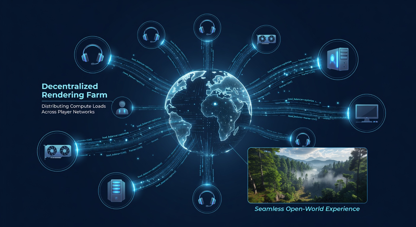 Network visualization showing compute load distribution across a global player base supporting persistent game worlds