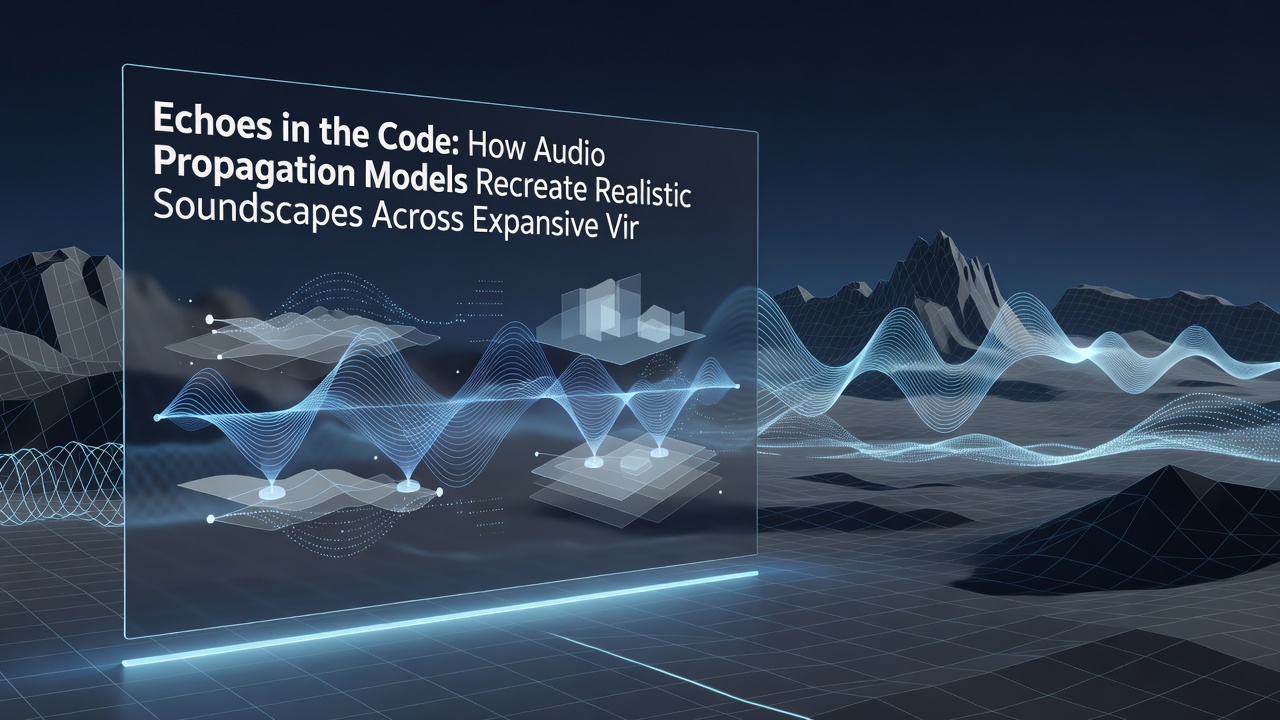 Developer workstation displaying real-time sound propagation simulation overlaid on a vast open-world terrain