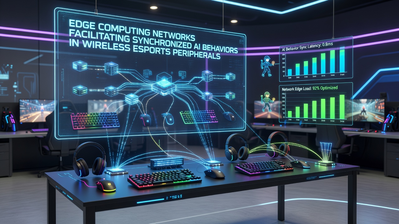 Wireless esports setup with edge nodes syncing AI behaviors across peripherals