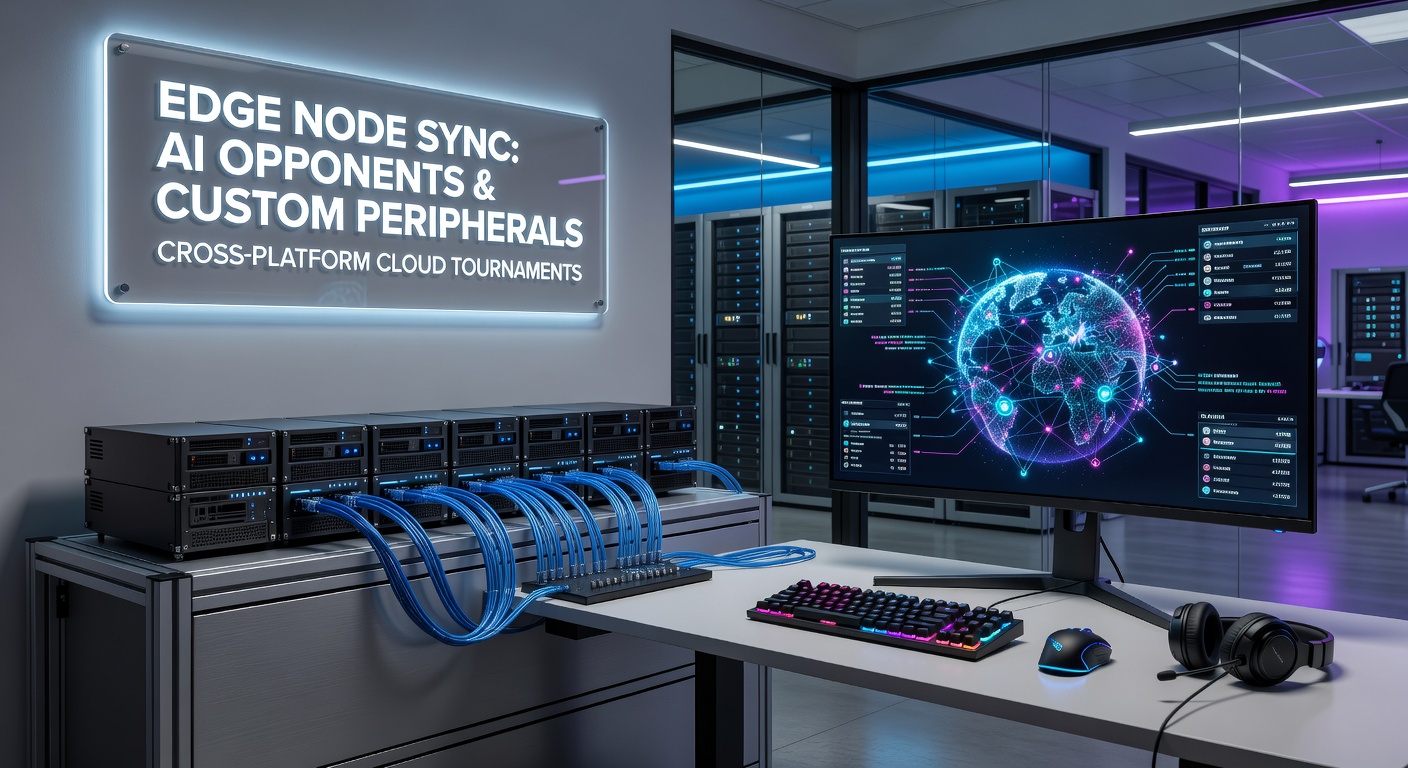 Edge computing nodes managing AI opponent data streams alongside custom gaming peripherals during a live cloud tournament