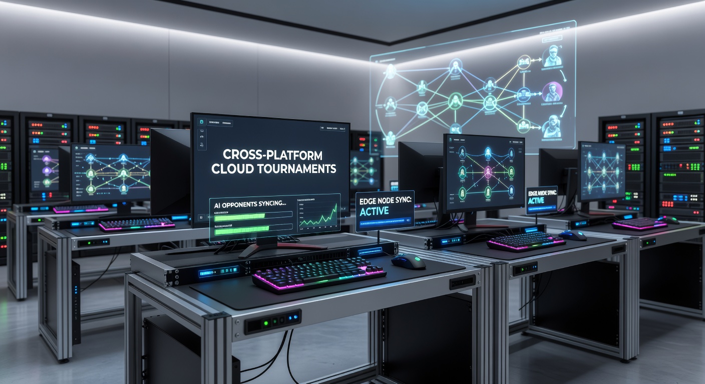Network diagram showing edge nodes linking AI systems to diverse custom peripherals in a multi-platform cloud gaming setup