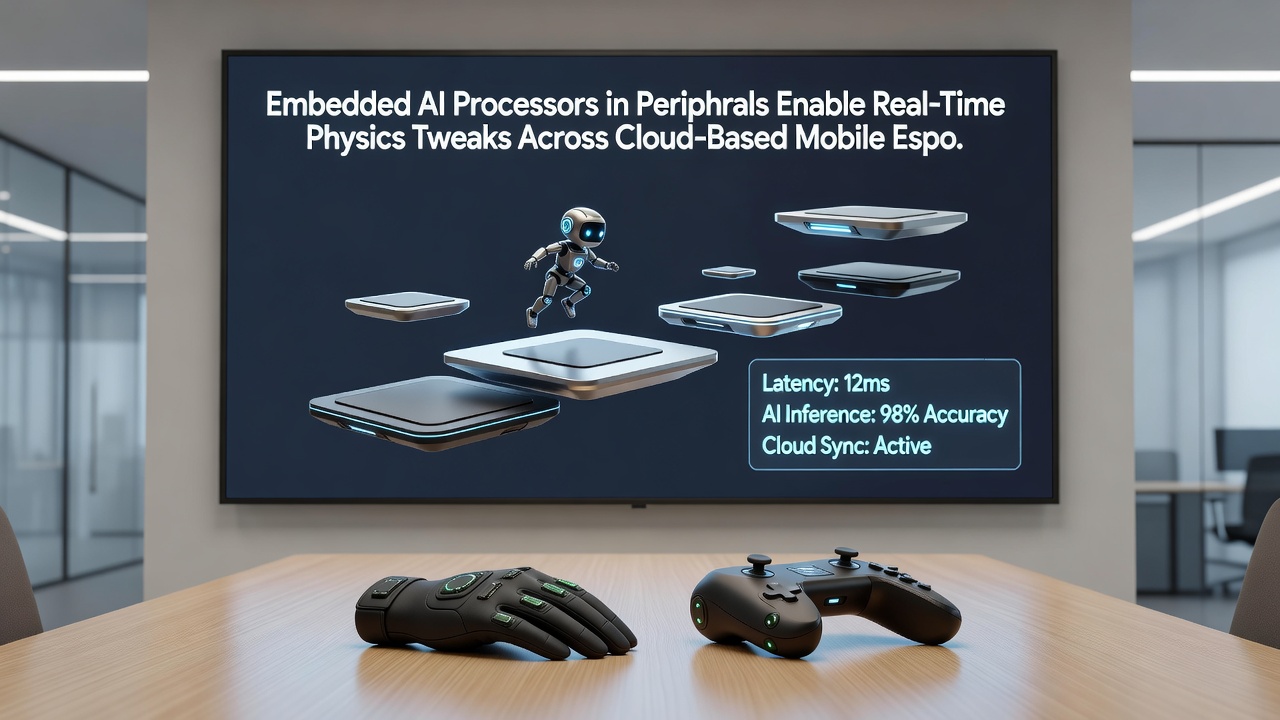 Diagram illustrating data flow between embedded AI peripherals, edge nodes, and cloud servers during a mobile esports match