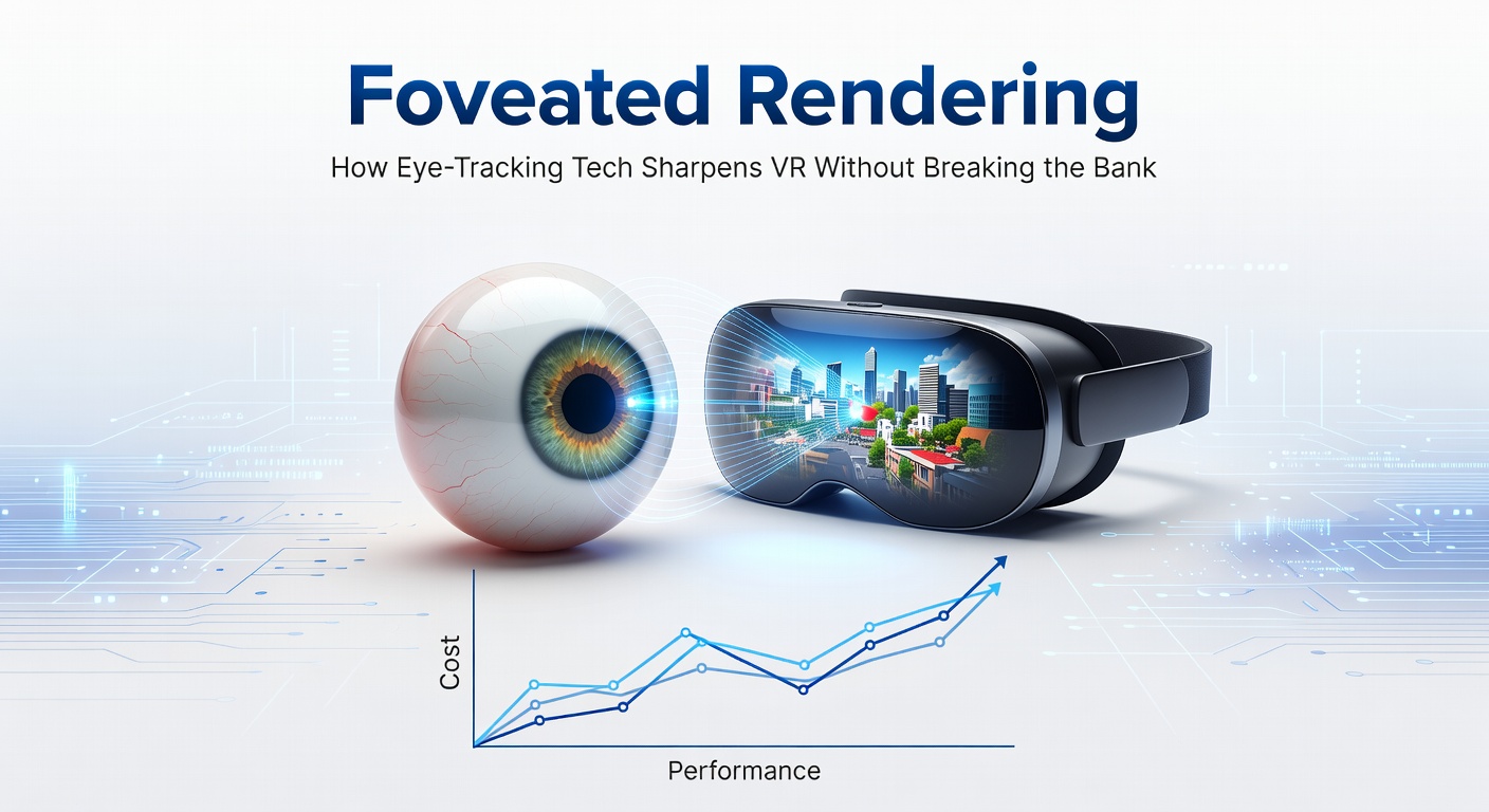 Diagram illustrating foveated rendering, where high-resolution detail focuses on the user's gaze point in a VR scene while peripheral areas remain lower resolution