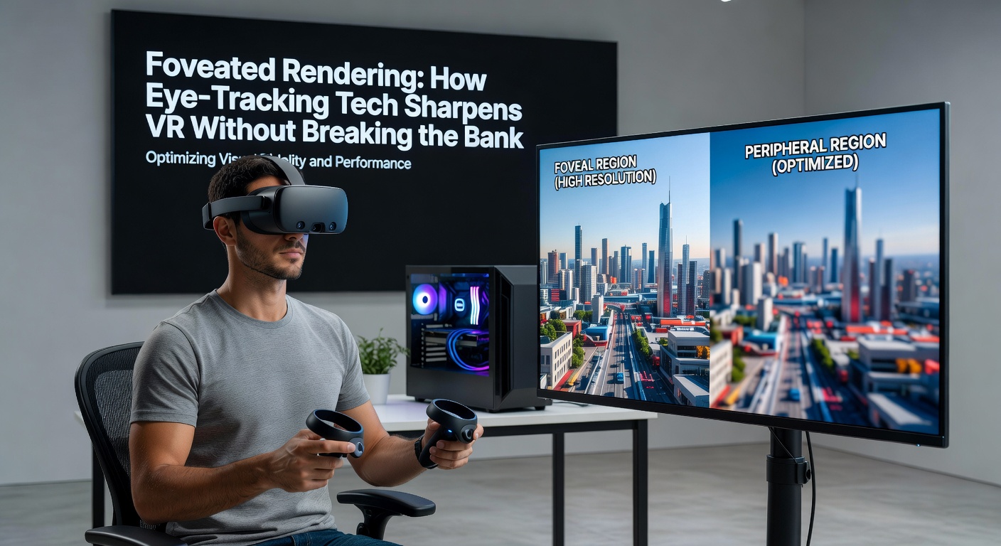Close-up of VR headset eye-tracking sensors in action, highlighting infrared LEDs and camera modules rendering a foveated scene overlay