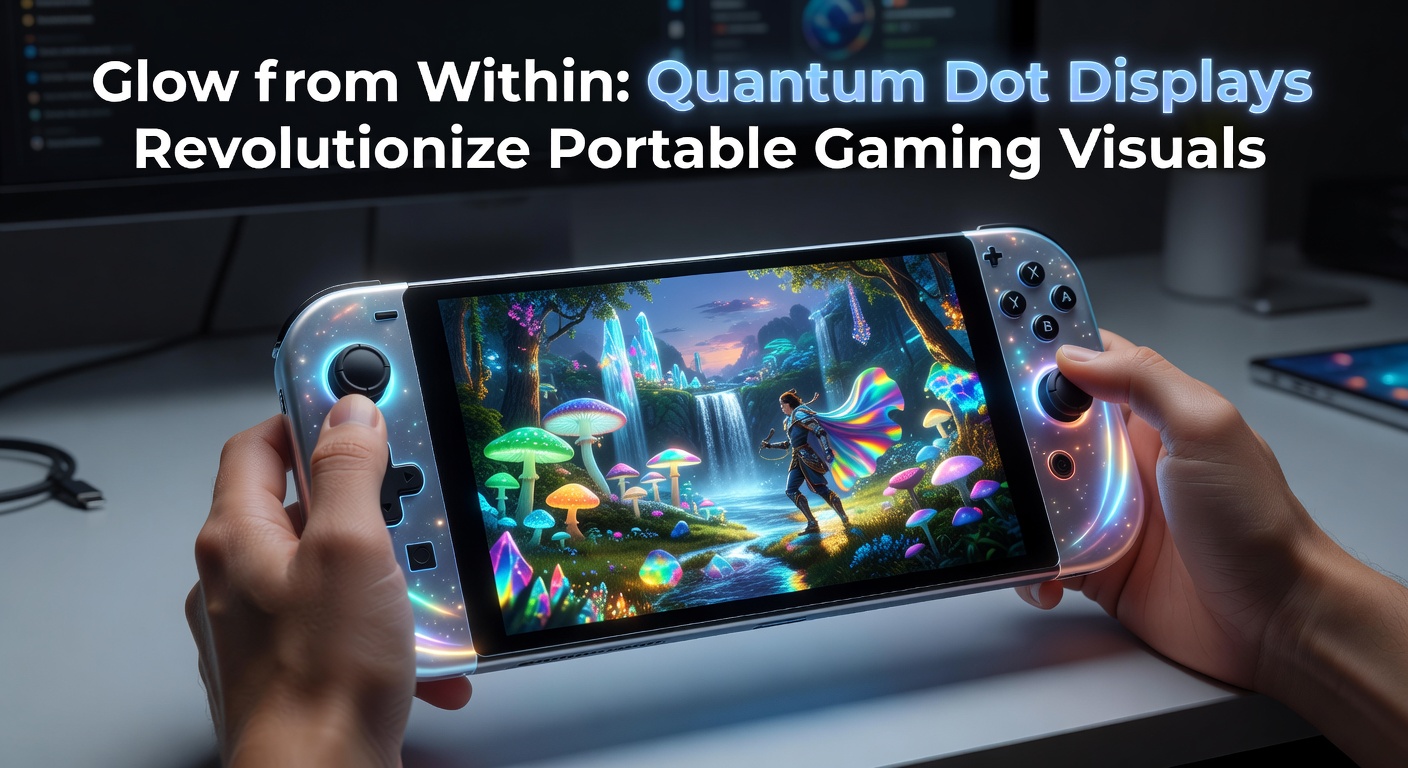 Close-up view of a vibrant quantum dot-enhanced display on a portable gaming handheld, showcasing rich colors and high contrast in a fast-paced game scene