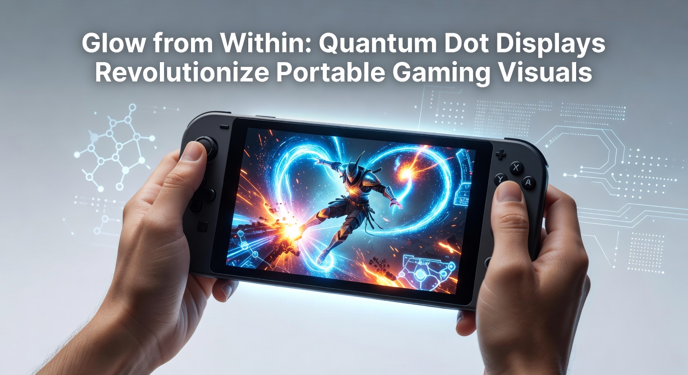 Portable gaming device with quantum dot display in action, displaying a high-contrast racing game with vivid track colors and dynamic lighting effects under various ambient conditions