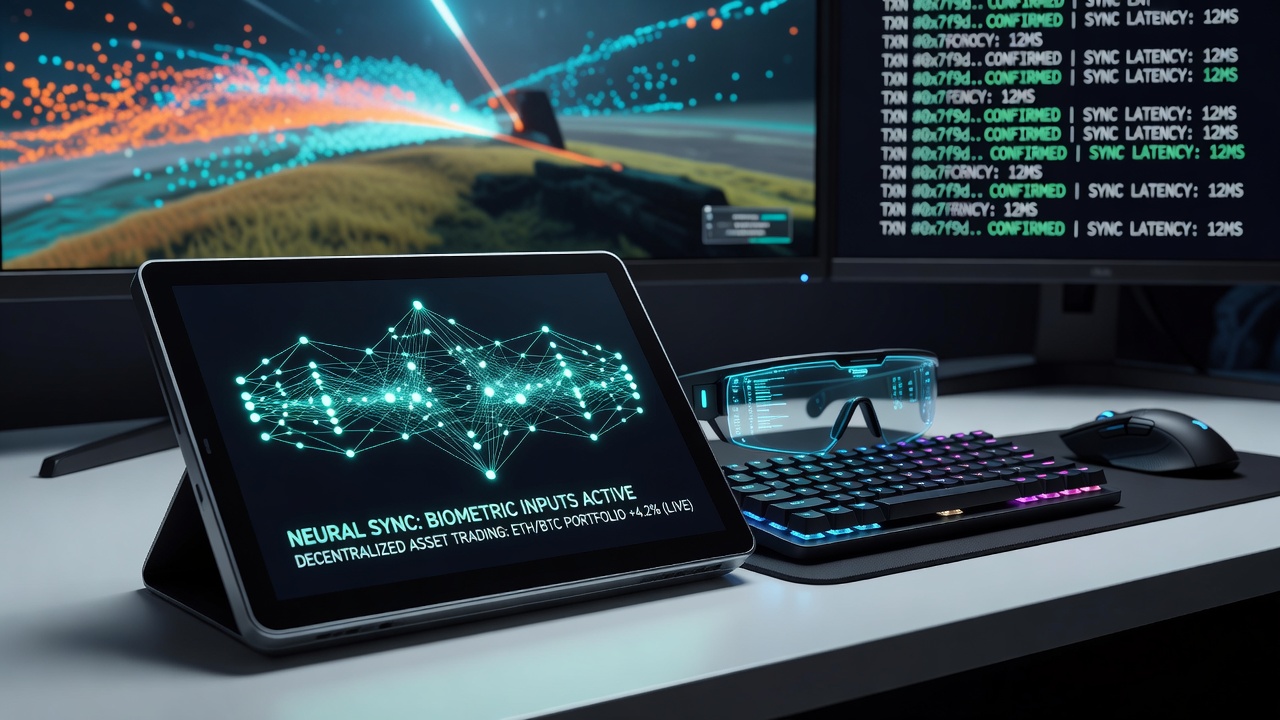 Close-up of biometric wrist sensor linked to neural processing unit inside a portable esports arena controller