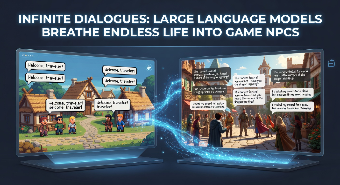 A vibrant game scene where an NPC engages a player in a deeply contextual conversation, with speech bubbles adapting in real-time to player inputs