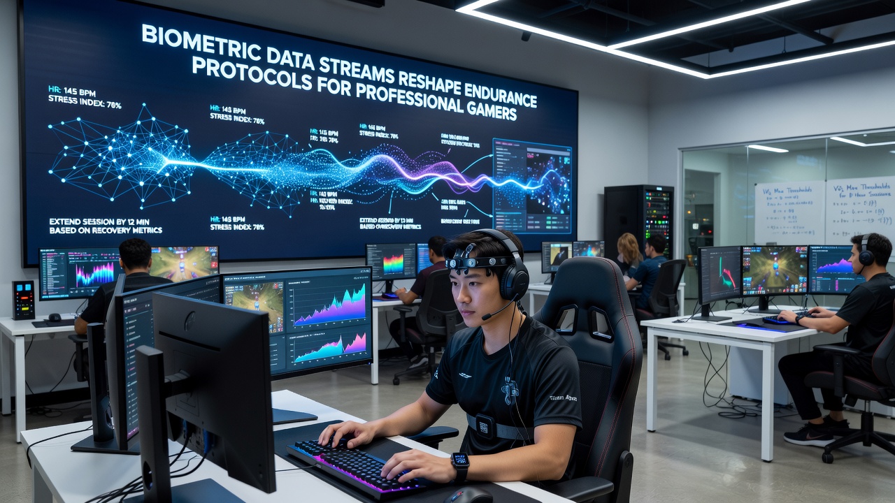 Researchers monitoring biometric data streams in a professional gaming endurance lab