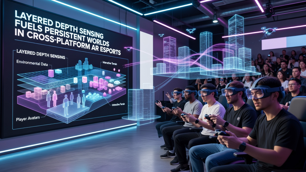 Cross-platform AR esports match using layered depth data for shared persistent elements