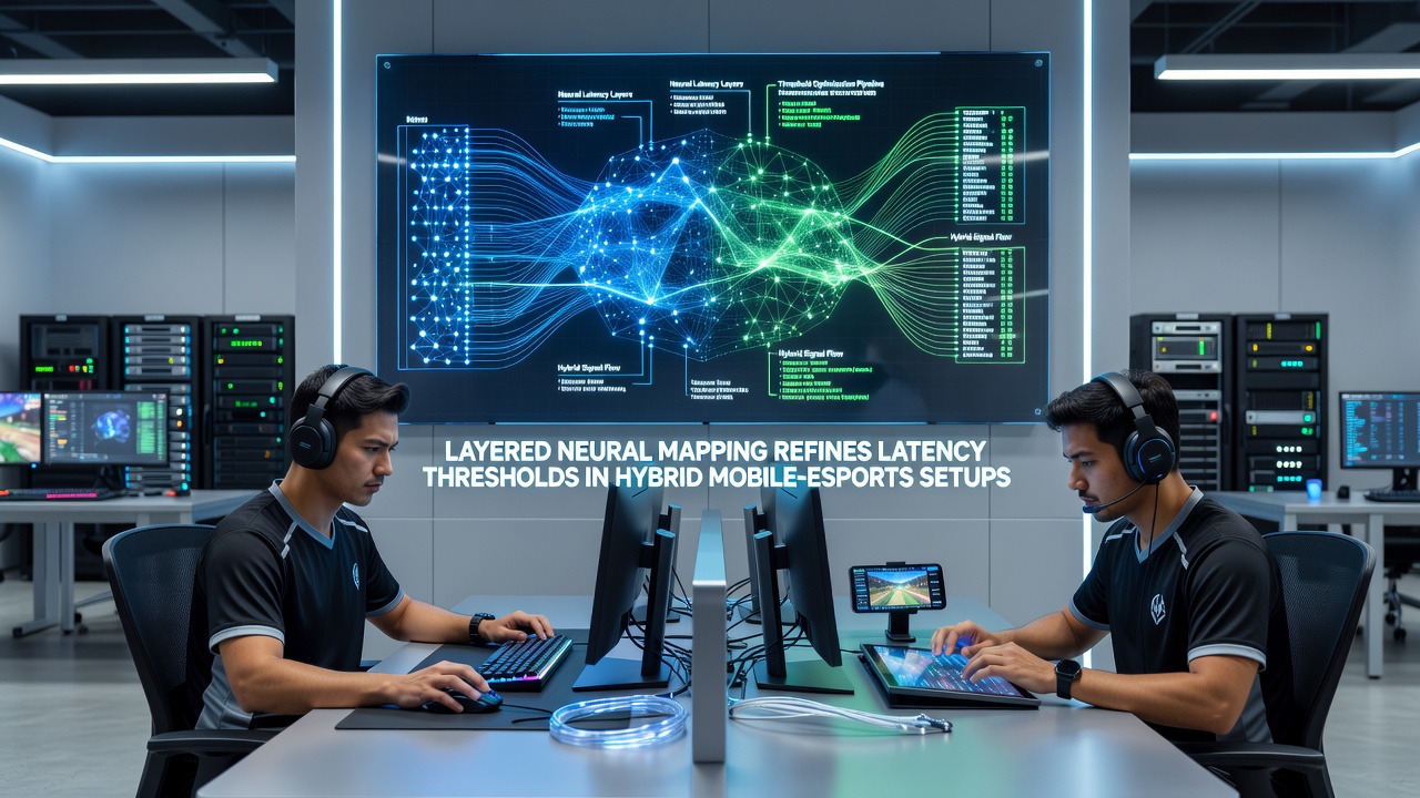 Esports arena setup with mobile devices connected to hybrid cloud and console infrastructure during a live match