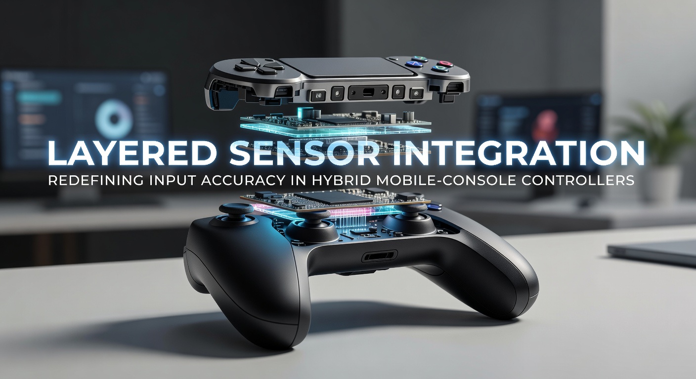 Close-up view of a hybrid mobile-console controller showing multiple sensor layers integrated into the housing and input mechanisms