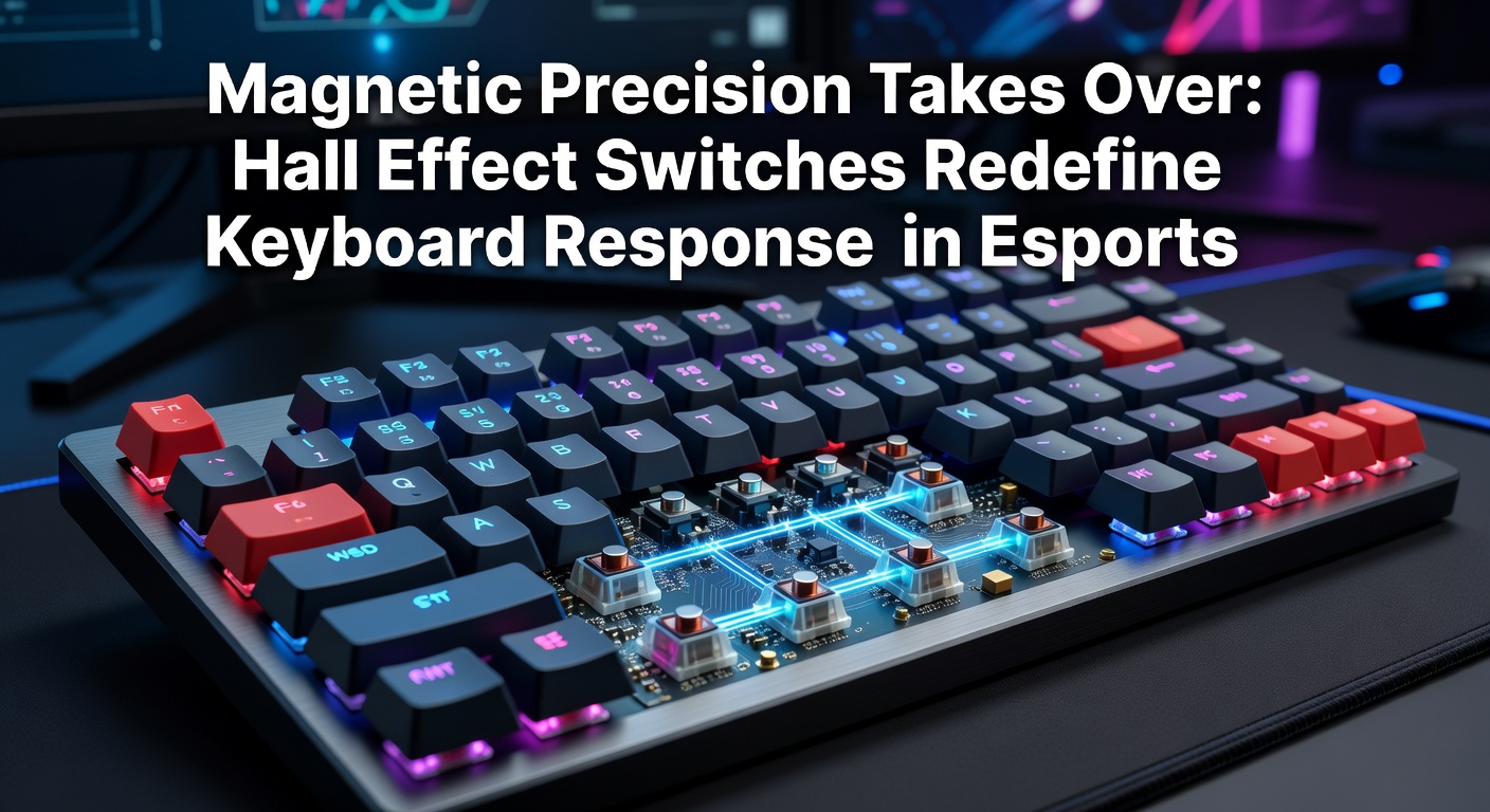 Close-up view of a Hall Effect switch mechanism inside a gaming keyboard, highlighting the magnetic sensor and adjustable actuation point.