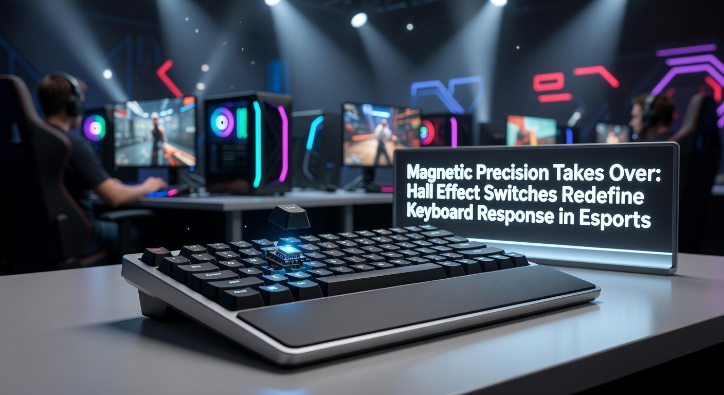 Esports player at a tournament setup using a Hall Effect keyboard, mid-action in a high-stakes match with RGB lighting illuminating the keys.