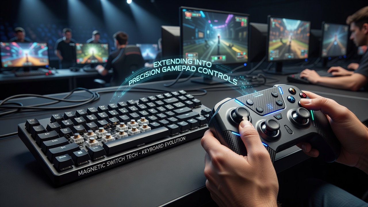 Close-up view of magnetic Hall effect sensors integrated into professional gamepad analog sticks and triggers