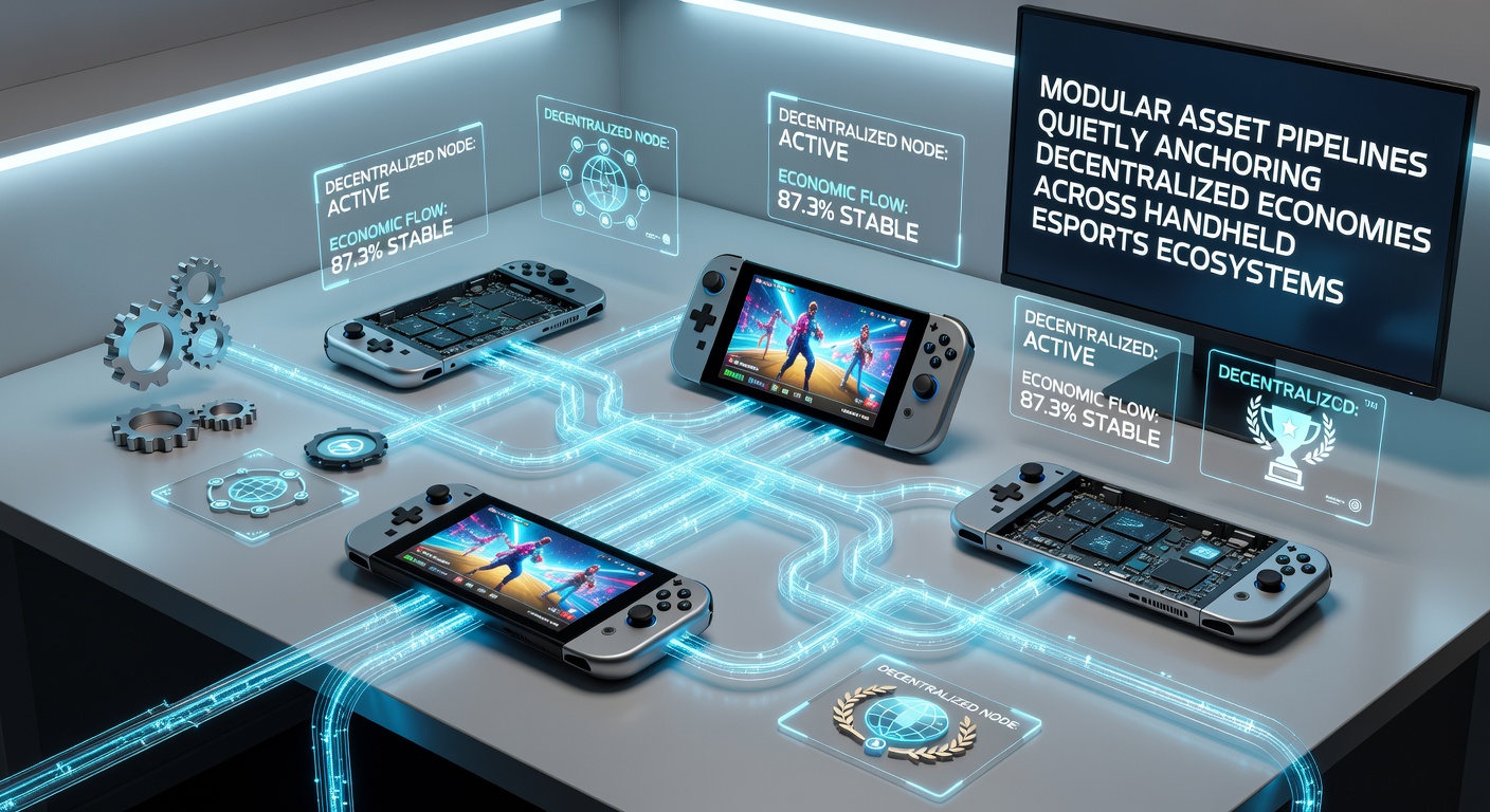 Modular asset pipelines visualized in a handheld esports tournament setting with distributed rendering nodes