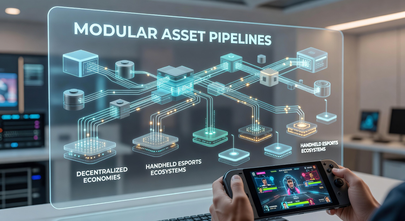 Distributed network diagram showing asset module flow between handheld devices in an esports ecosystem