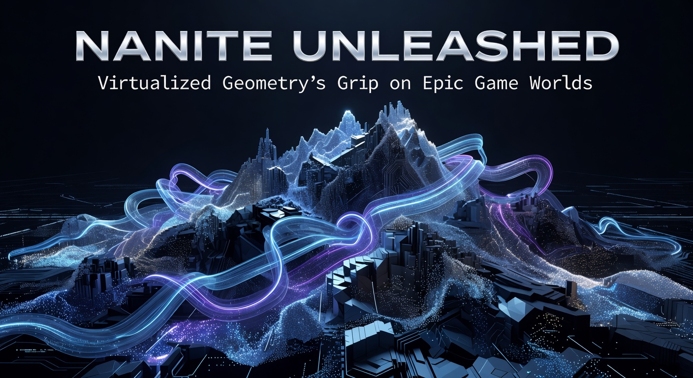 Detailed close-up of Nanite-enabled geometry in an Unreal Engine scene, showcasing intricate rock formations and foliage rendered at micropolygon scale without traditional LOD pop-in