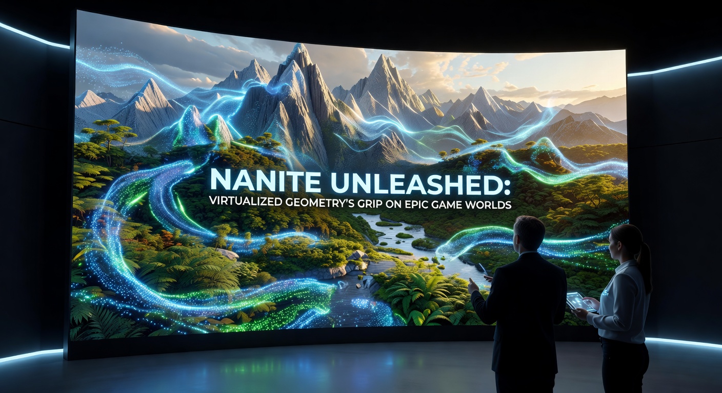 Expansive Nanite-powered game environment from an open-world title, featuring dense forests, mountains, and destructible structures rendered in real-time at massive scale