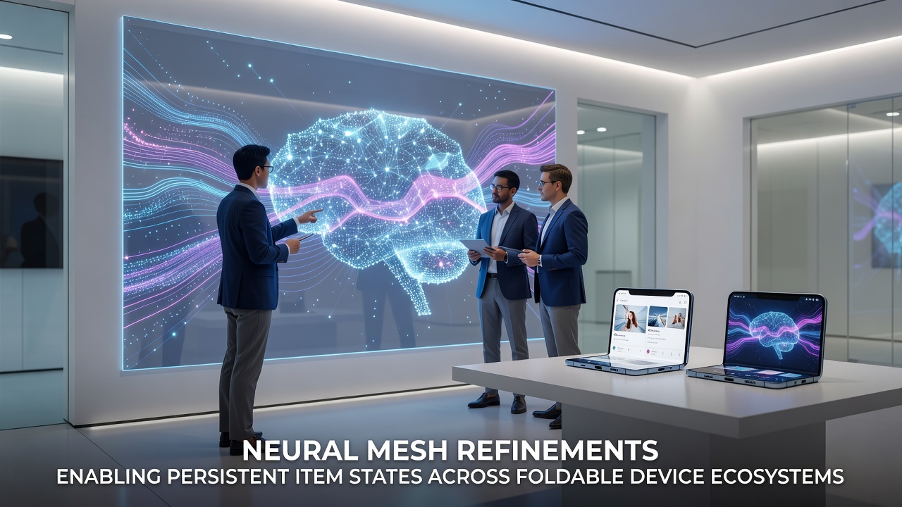 Neural mesh refinements visualized across interconnected foldable devices showing persistent item states in a gaming ecosystem