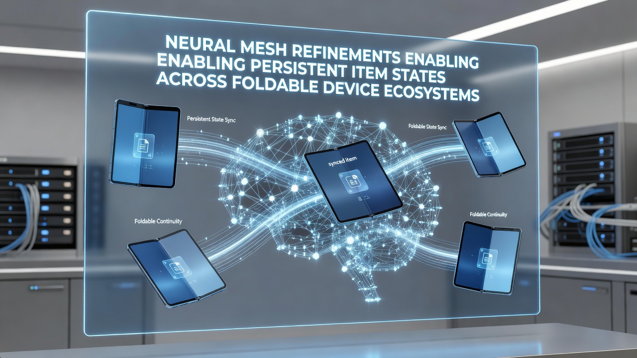 Close-up view of neural mesh data streams maintaining item states between folded and unfolded device configurations