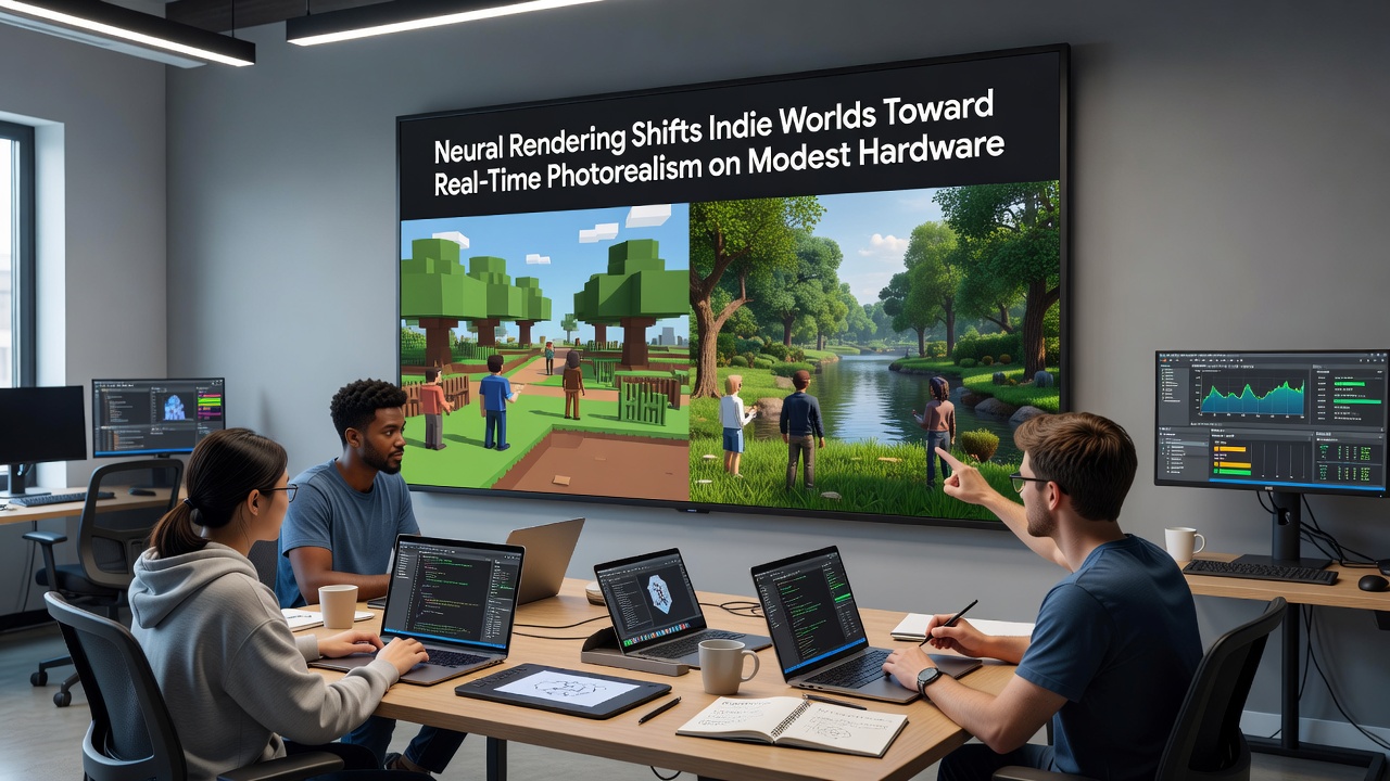 Comparison of traditional rendering versus neural rendering output in an indie game environment on modest hardware