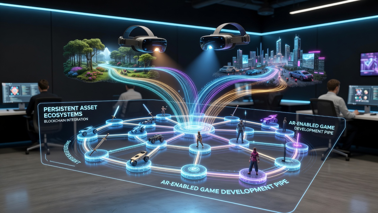 AR headset view displaying overlaid persistent assets with blockchain verification overlays in a game environment