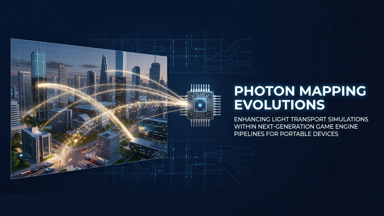Photon mapping visualization showing light particle distribution across a portable device game scene with dynamic shadows and reflections