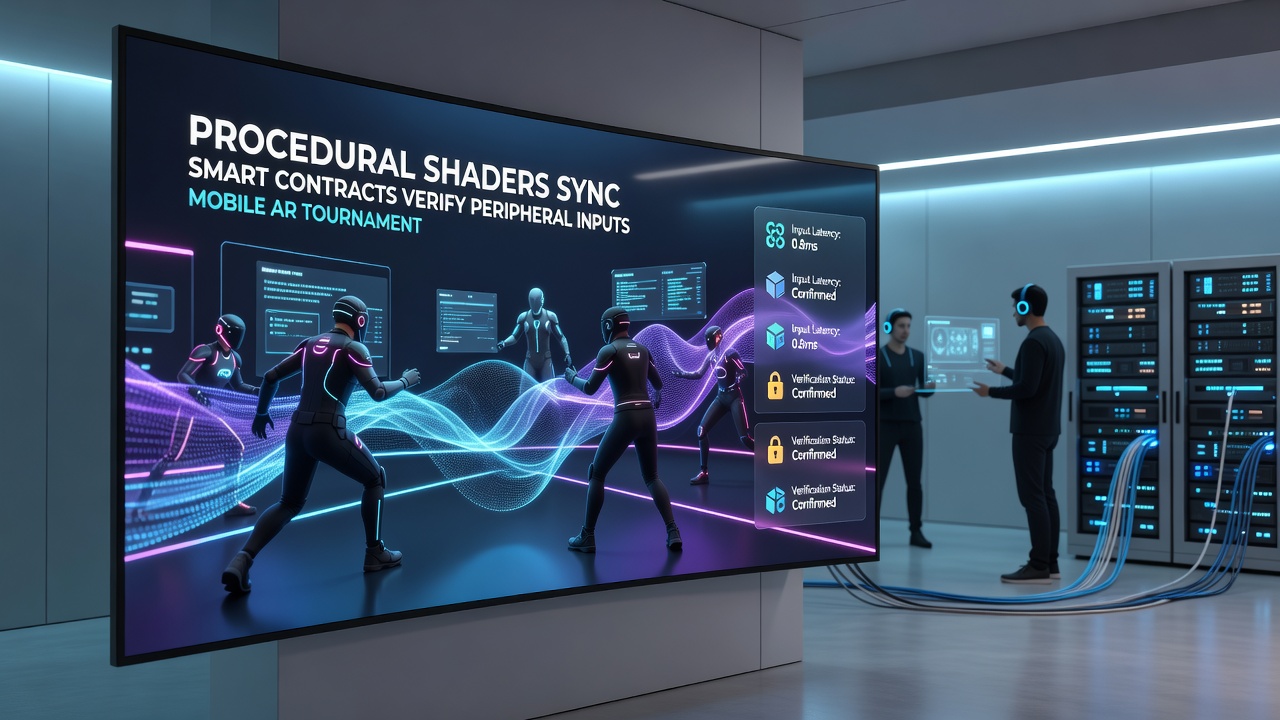 Smart contract dashboard displaying verified peripheral inputs alongside procedural shader outputs during an AR tournament match