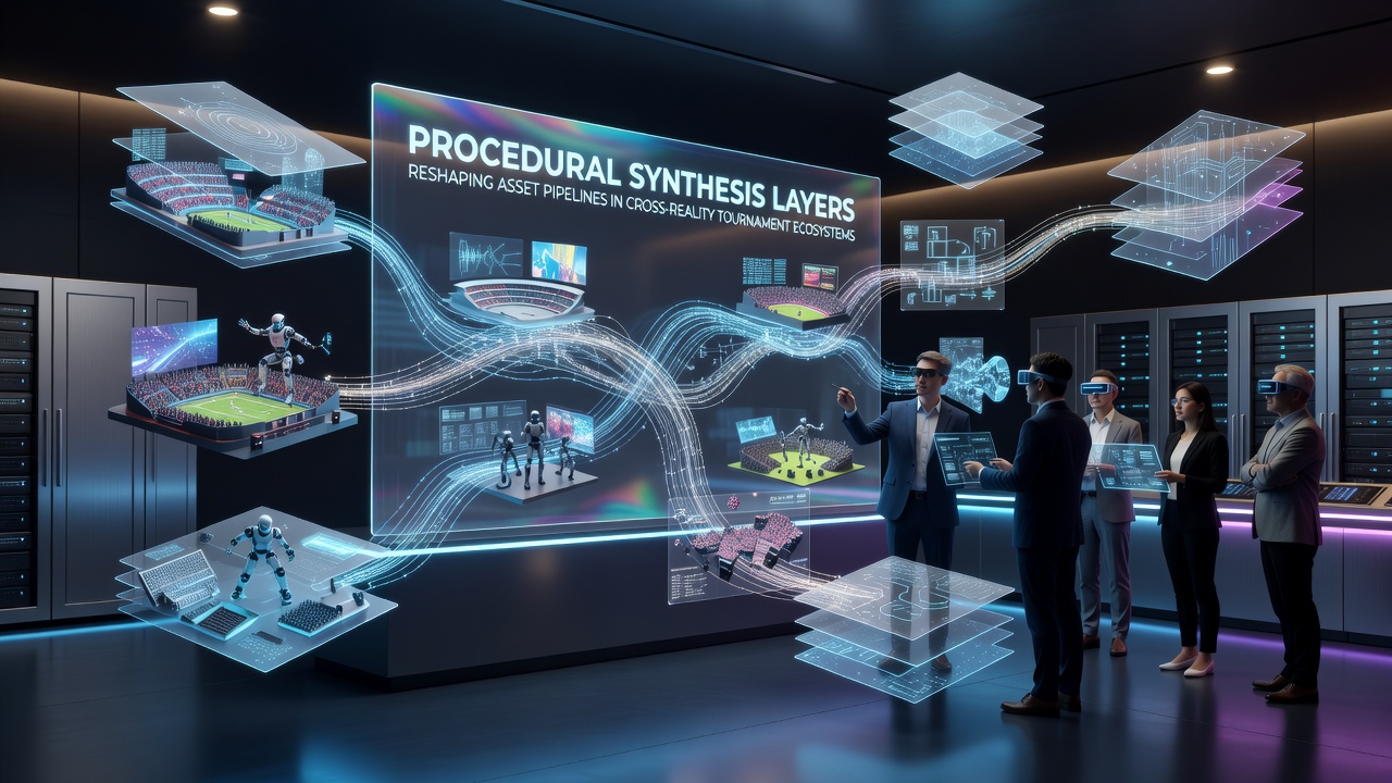 Procedural synthesis layers generating dynamic assets across virtual and augmented tournament environments