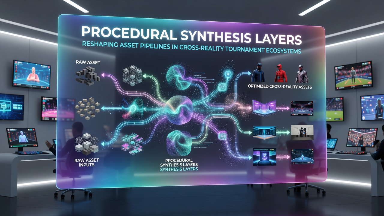 Asset pipeline diagram showing layered procedural synthesis feeding multiple reality streams in a live tournament