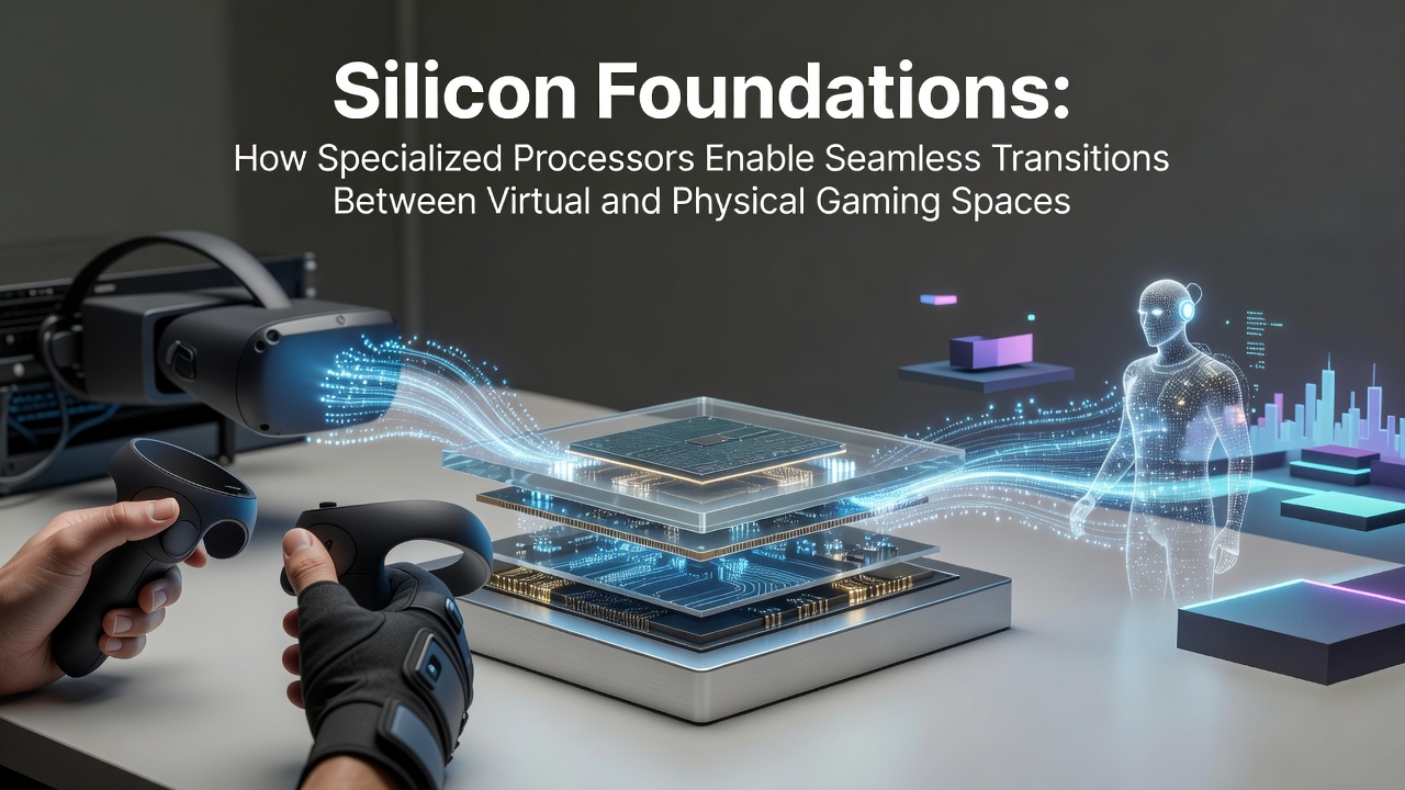 Specialized gaming processors integrated into hybrid VR and AR hardware setups showing seamless virtual to physical transitions