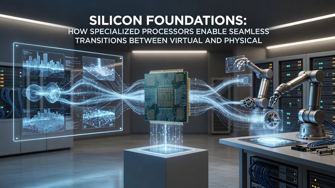 Close-up view of silicon chip architecture with labeled accelerators for AR rendering and sensor fusion in gaming devices