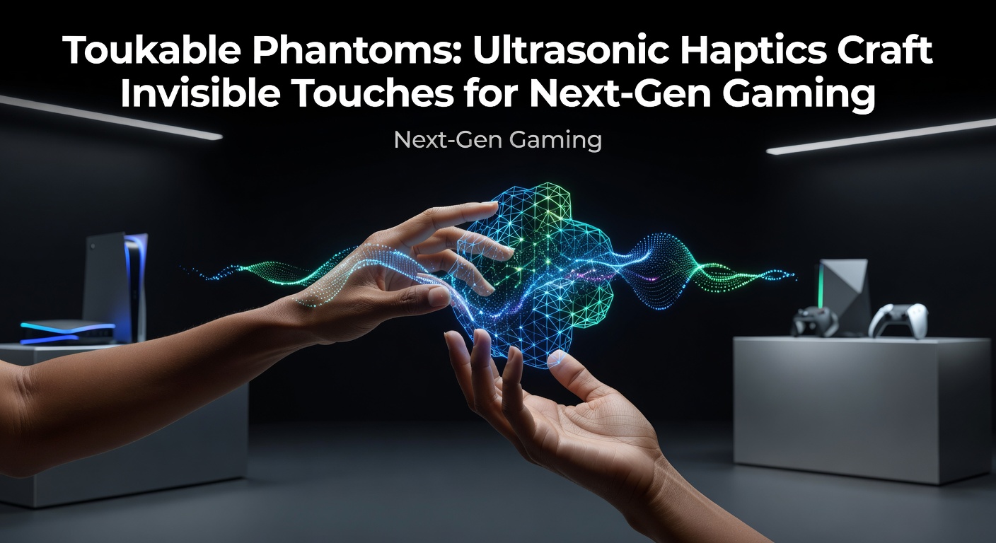 Array of ultrasonic transducers generating focused pressure waves in mid-air to simulate tactile sensations for gamers