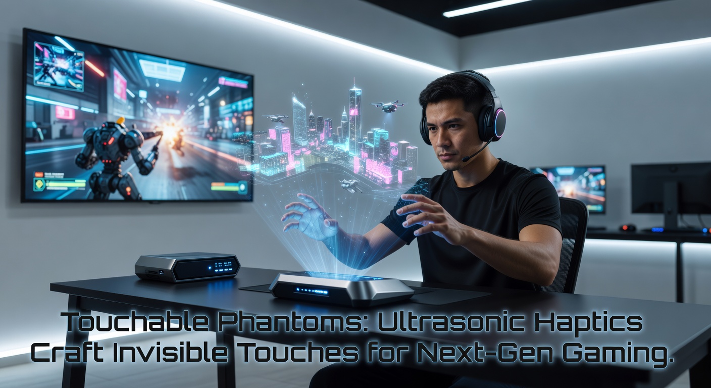 Gamer immersed in VR with ultrasonic haptic array overhead, feeling virtual sword impacts and environmental textures mid-air