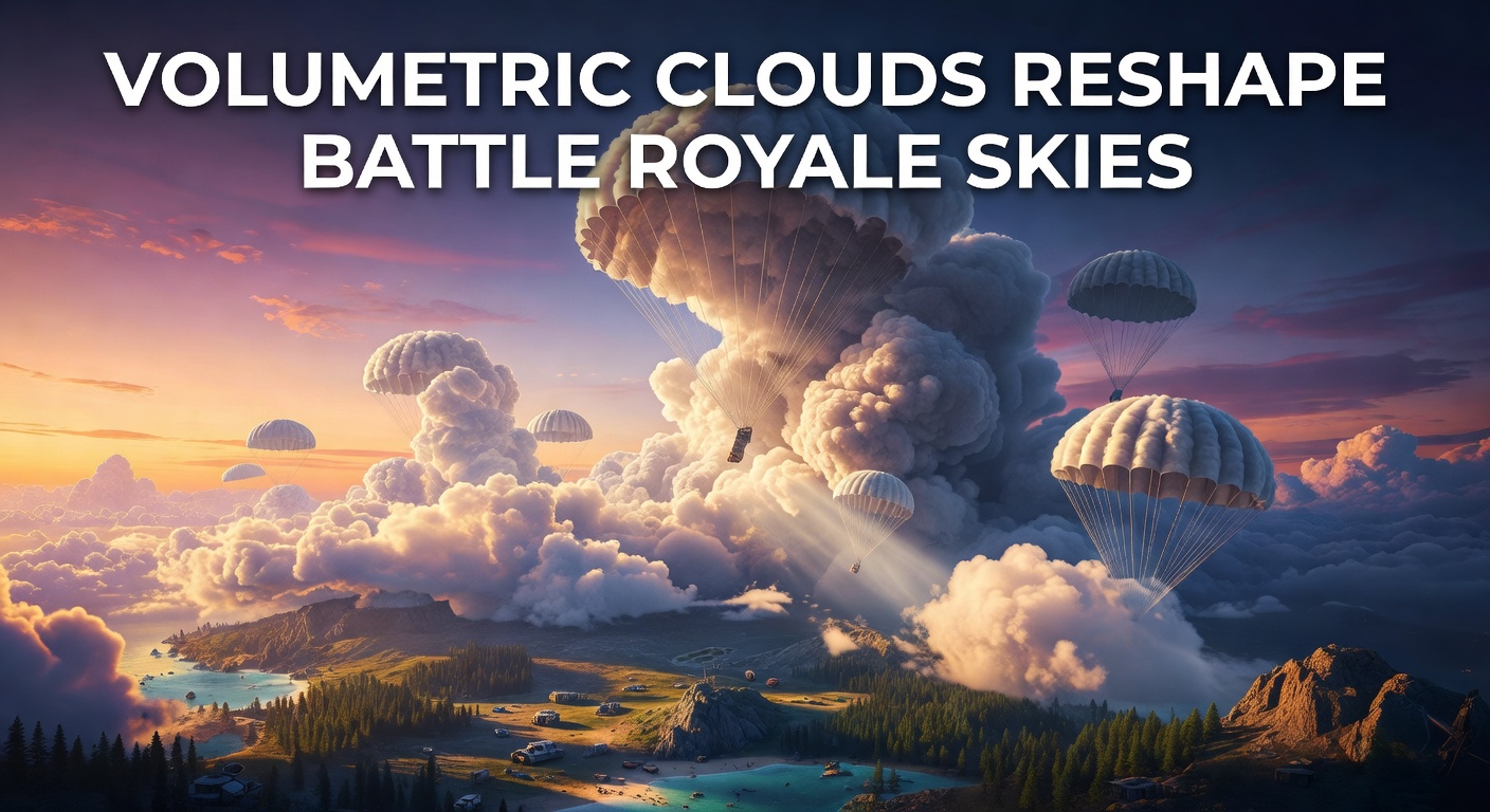 Dynamic volumetric clouds enveloping a vast battle royale map at dusk, with players parachuting through layered cloud formations that shift in real-time