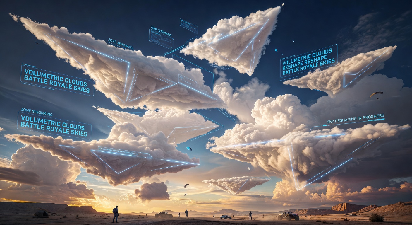 Close-up of volumetric cloud rendering in a battle royale engine, showing voxel density maps and ray-traced light shafts interacting with terrain